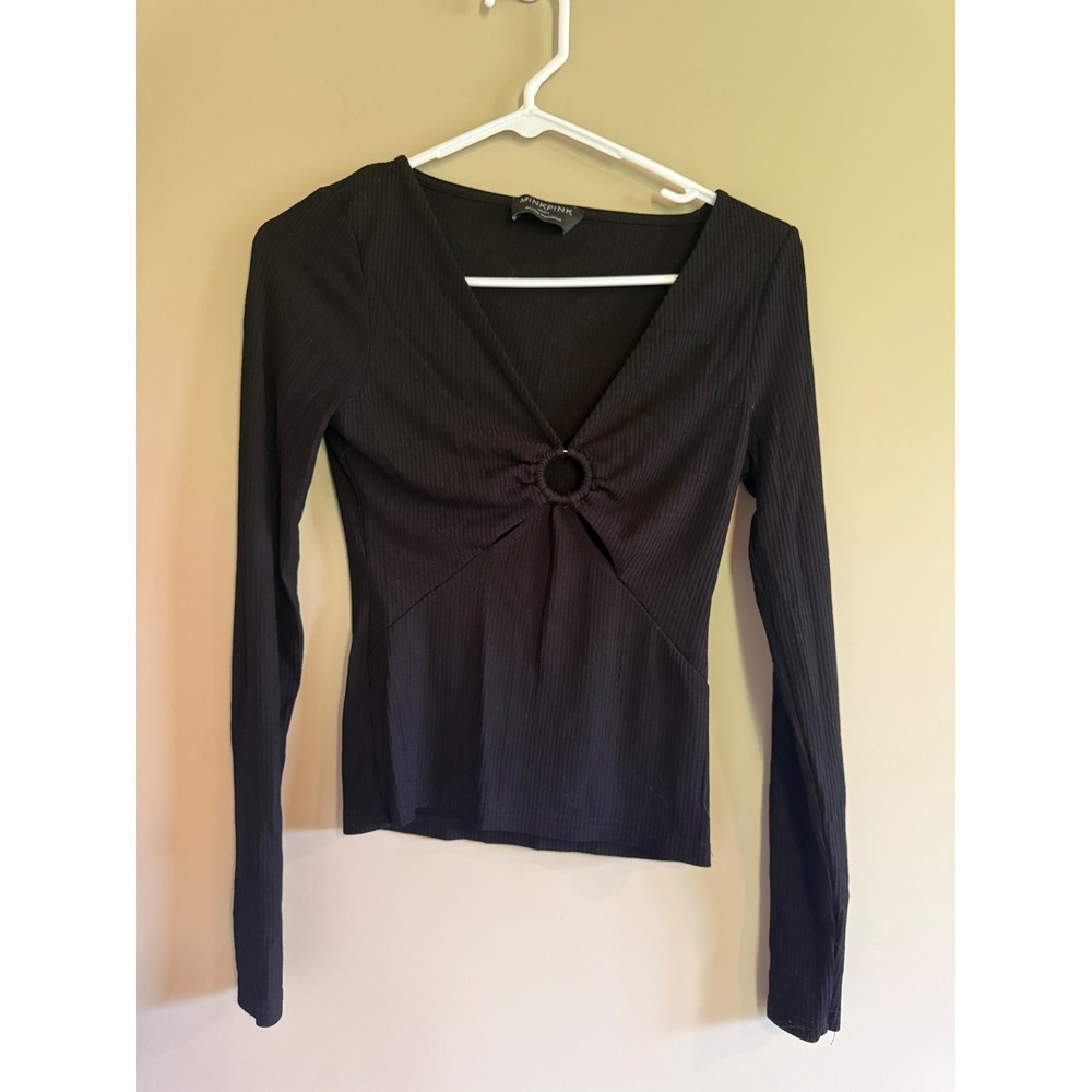 Minkpink Womens Ribbed O-Ring Cut Out V-Neck Long Sleeve Top Black Small
